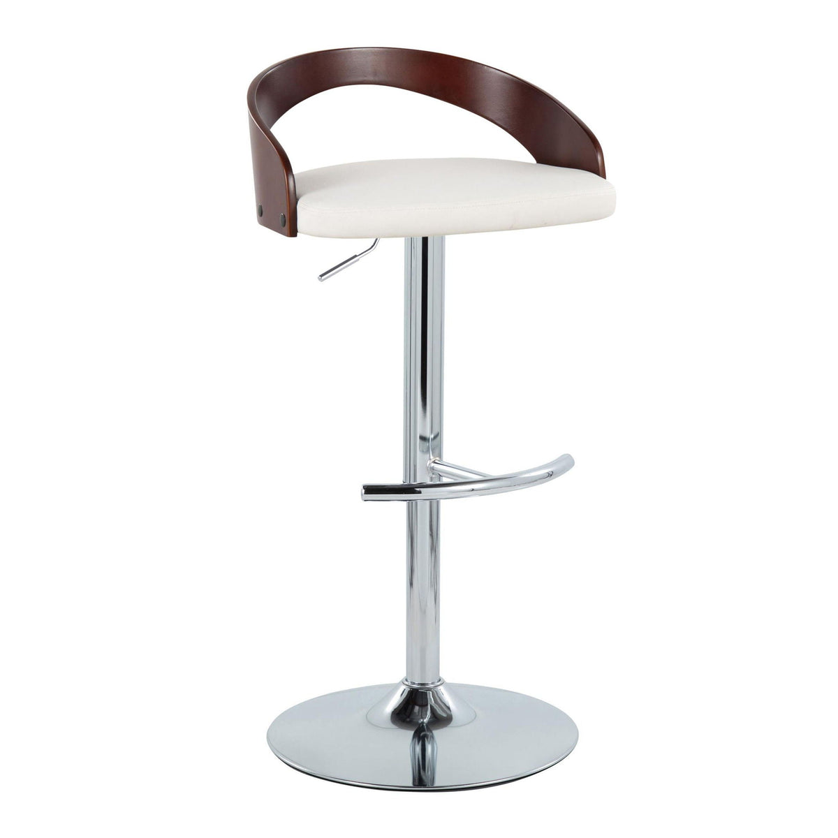 Contemporary adjustable barstool with curved wood back and white seat on chrome pedestal on Tampa Home & Garden Store