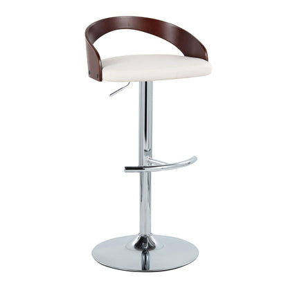 Contemporary adjustable barstool with curved wood back and white seat on chrome pedestal on Tampa Home & Garden Store