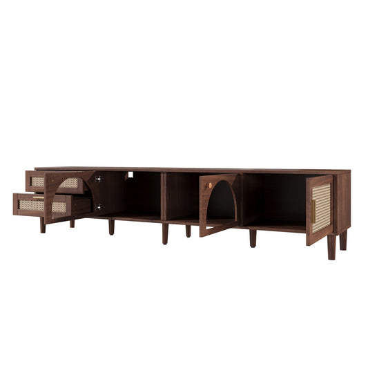 TV stand in dark wood with two drawers and door storage, woven rattan panels on Tampa Home & Garden Store