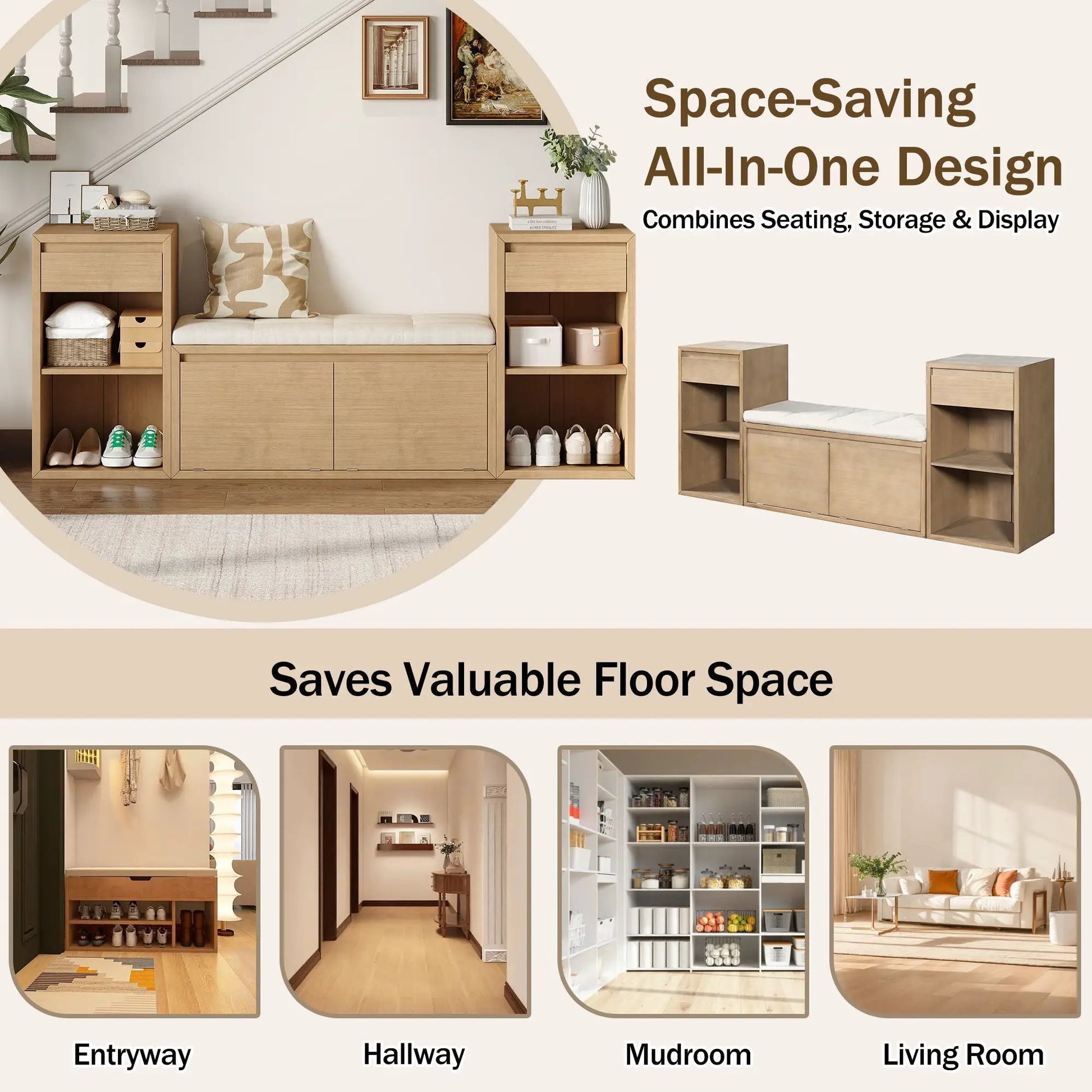 Entryway storage bench set with cushion, drawers and open shelves by Unique Piece Furniture on Tampa Home & Garden Store