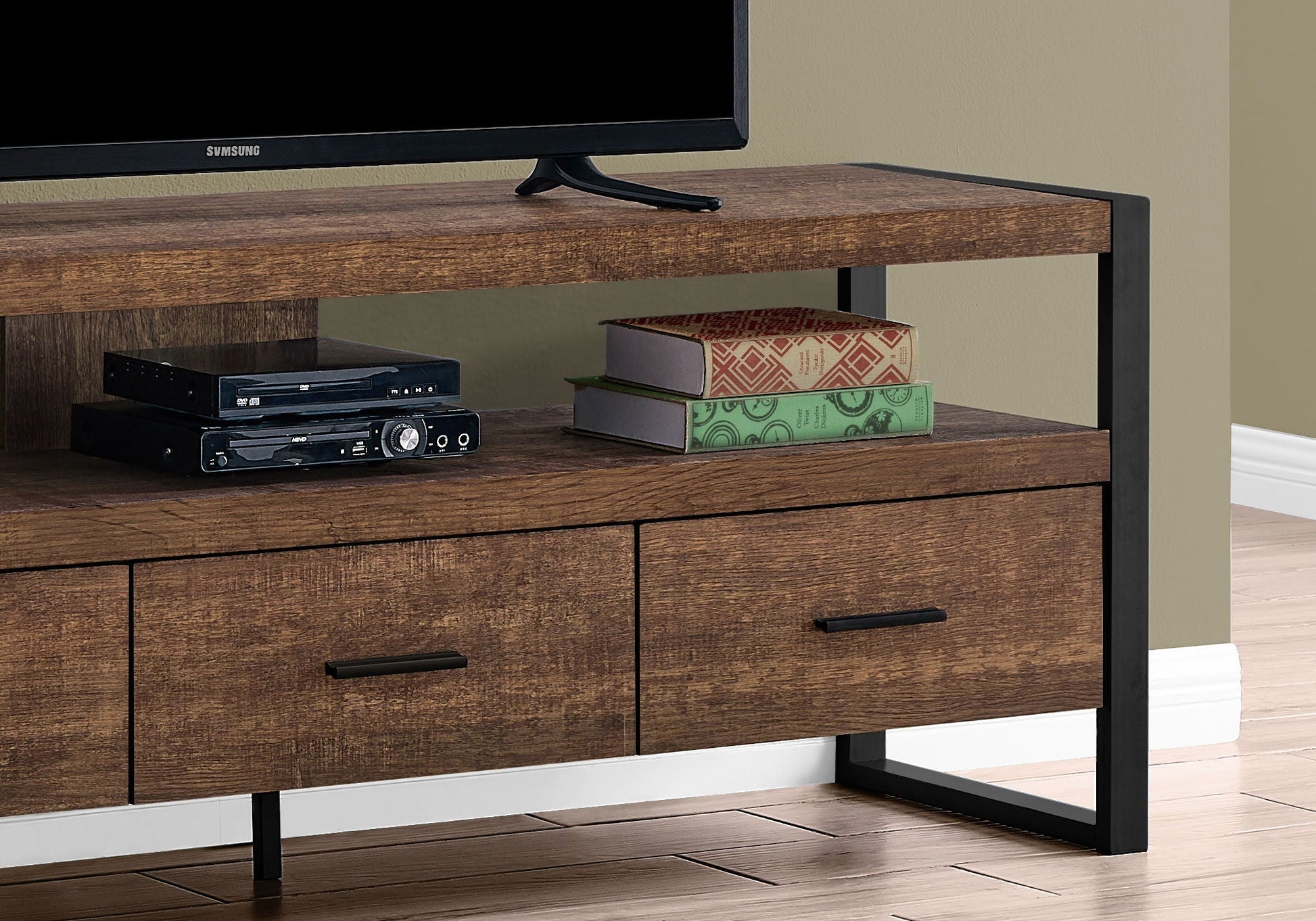 TV Stand Console Media Center with Storage Drawers in wood finish and black metal frame on Tampa Home & Garden Store
