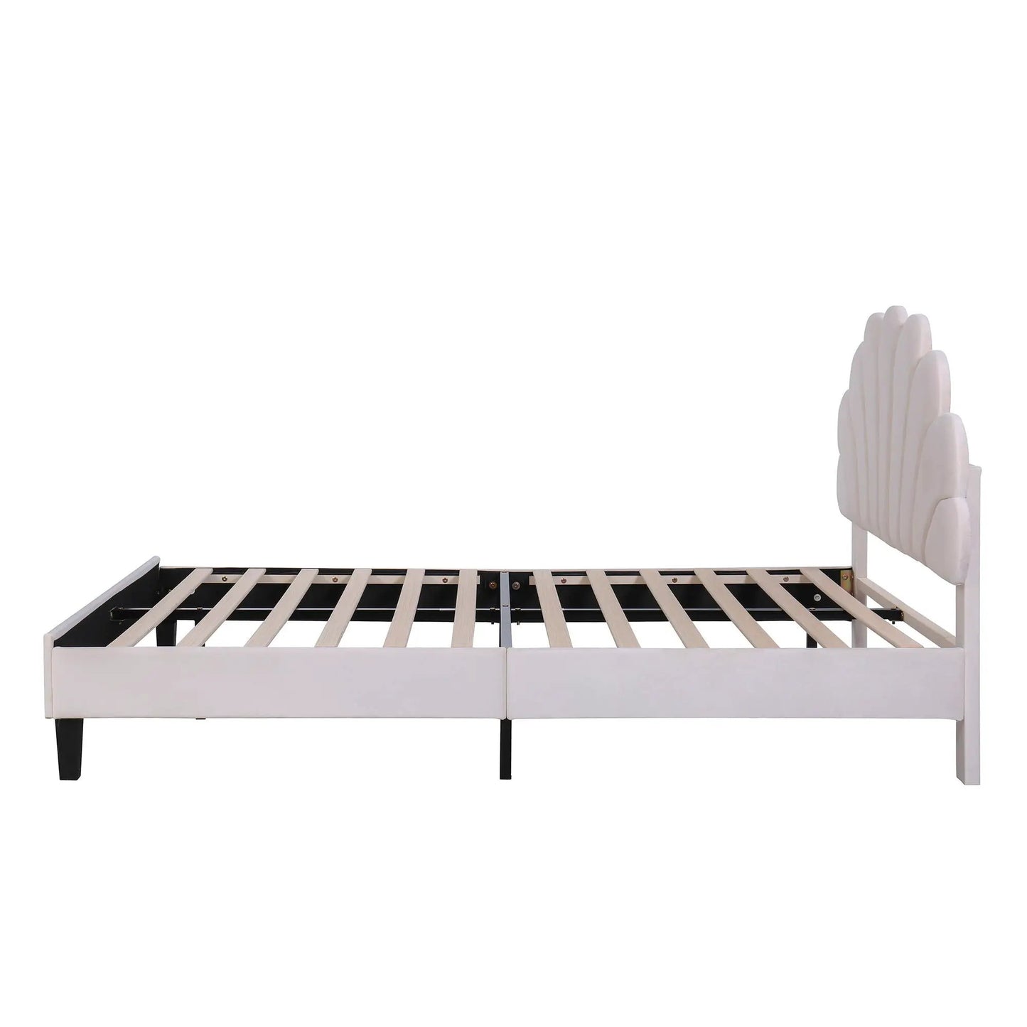 Upholstered Platform Bed With Flower Pattern Headboard, white frame and light wood slat base on Tampa Home & Garden Store