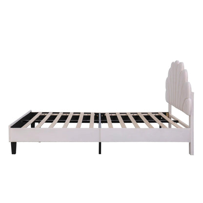 Upholstered Platform Bed With Flower Pattern Headboard, white frame and light wood slat base on Tampa Home & Garden Store