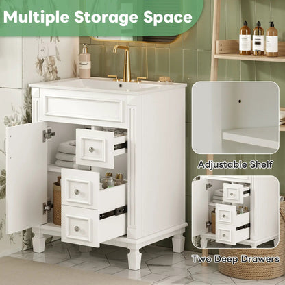 Bathroom vanity with sink, white cabinet, gold faucet and drawers with adjustable shelf on Tampa Home & Garden Store