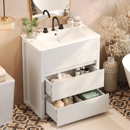 Freestanding bathroom vanity with ceramic sink and two full-extension drawers in white on Tampa Home & Garden Store