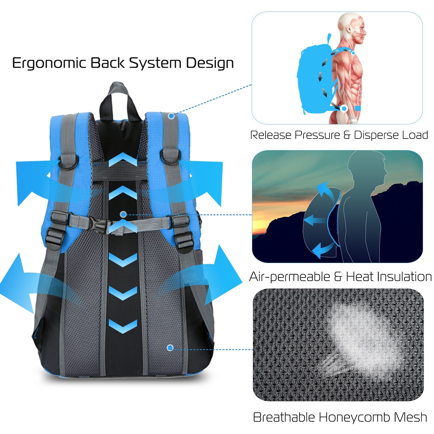 GemGear 36L outdoor backpack with ergonomic back system, blue/gray, breathable mesh on Tampa Home & Garden Store