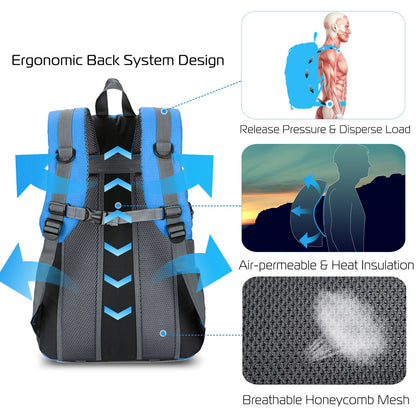 GemGear 36L outdoor backpack with ergonomic back system, blue/gray, breathable mesh on Tampa Home & Garden Store