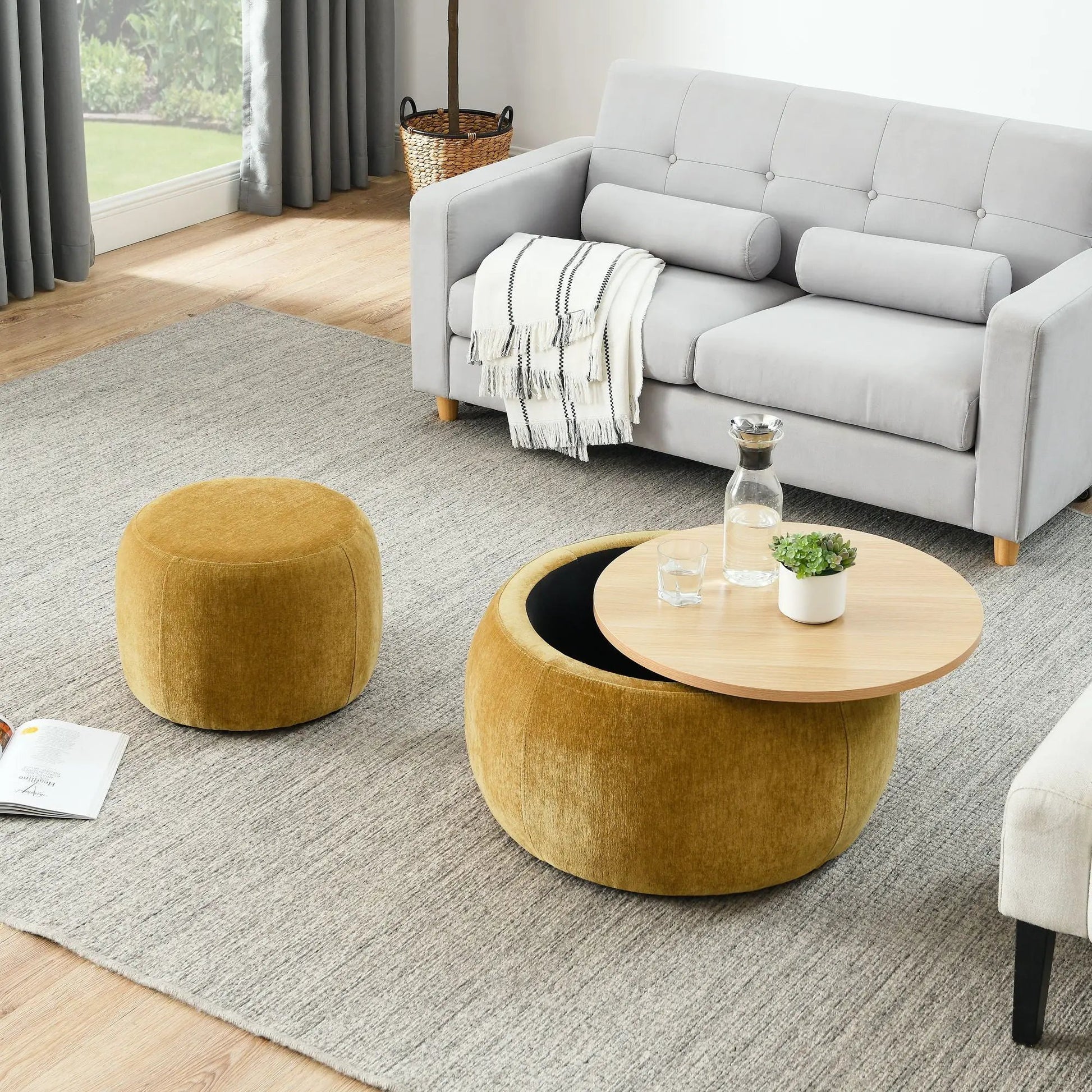 Round storage ottomans, two 2-in-1 end tables; mustard yellow with wood top on Tampa Home & Garden Store