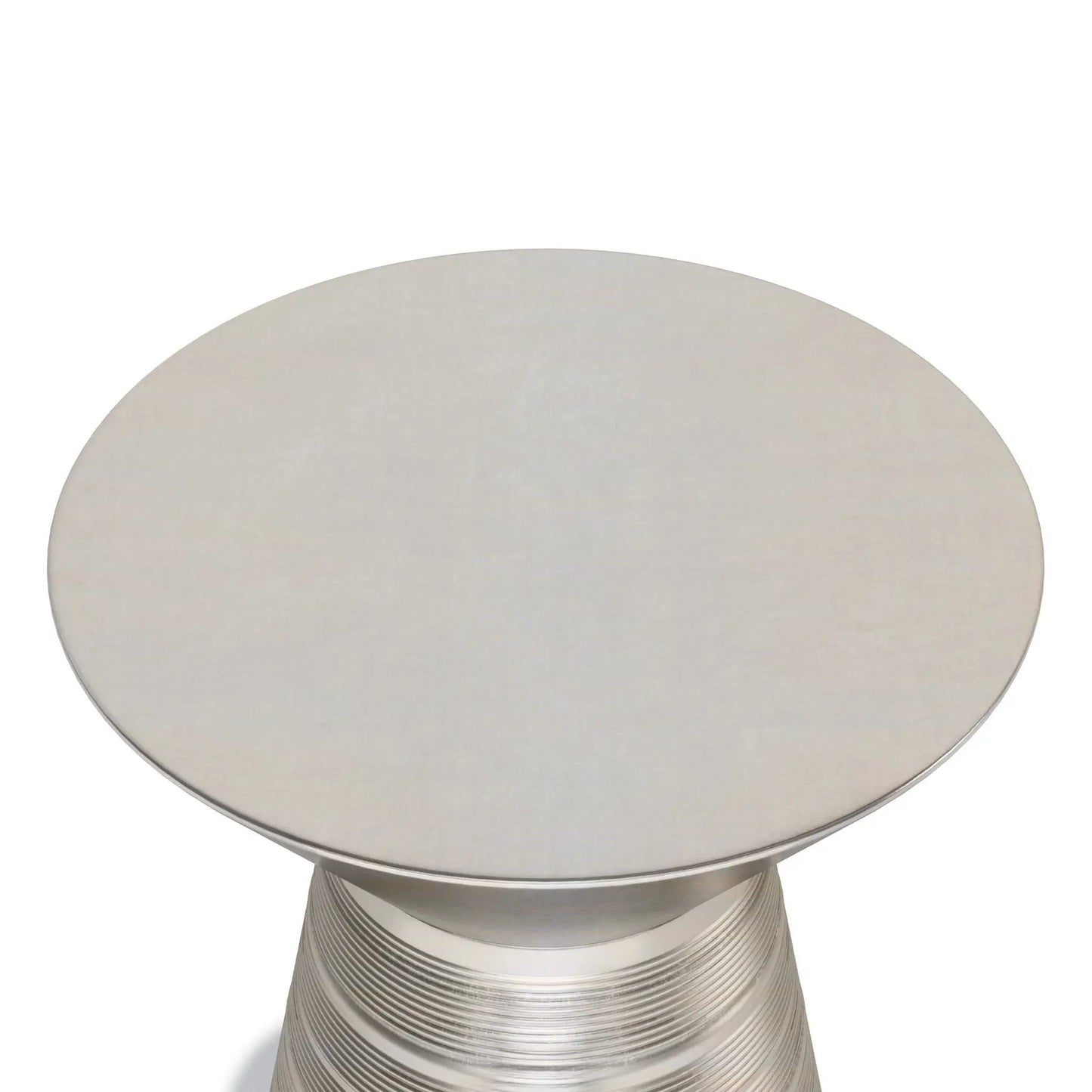 Sheridan handcrafted metal accent table with round nickel top and ribbed pedestal base on Tampa Home & Garden Store