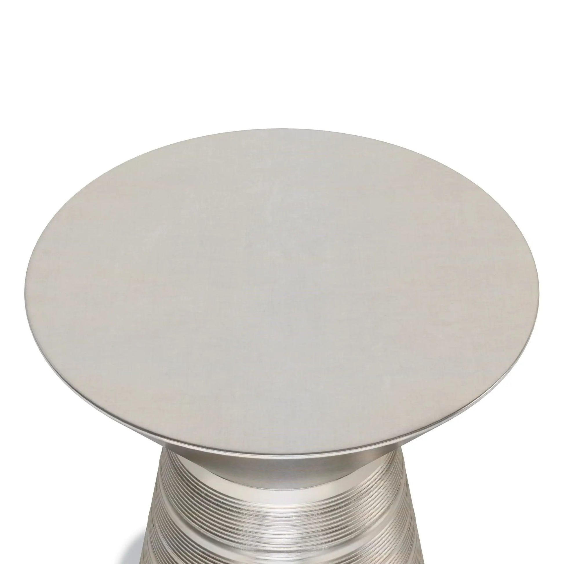 Sheridan handcrafted metal accent table with round nickel top and ribbed pedestal base on Tampa Home & Garden Store