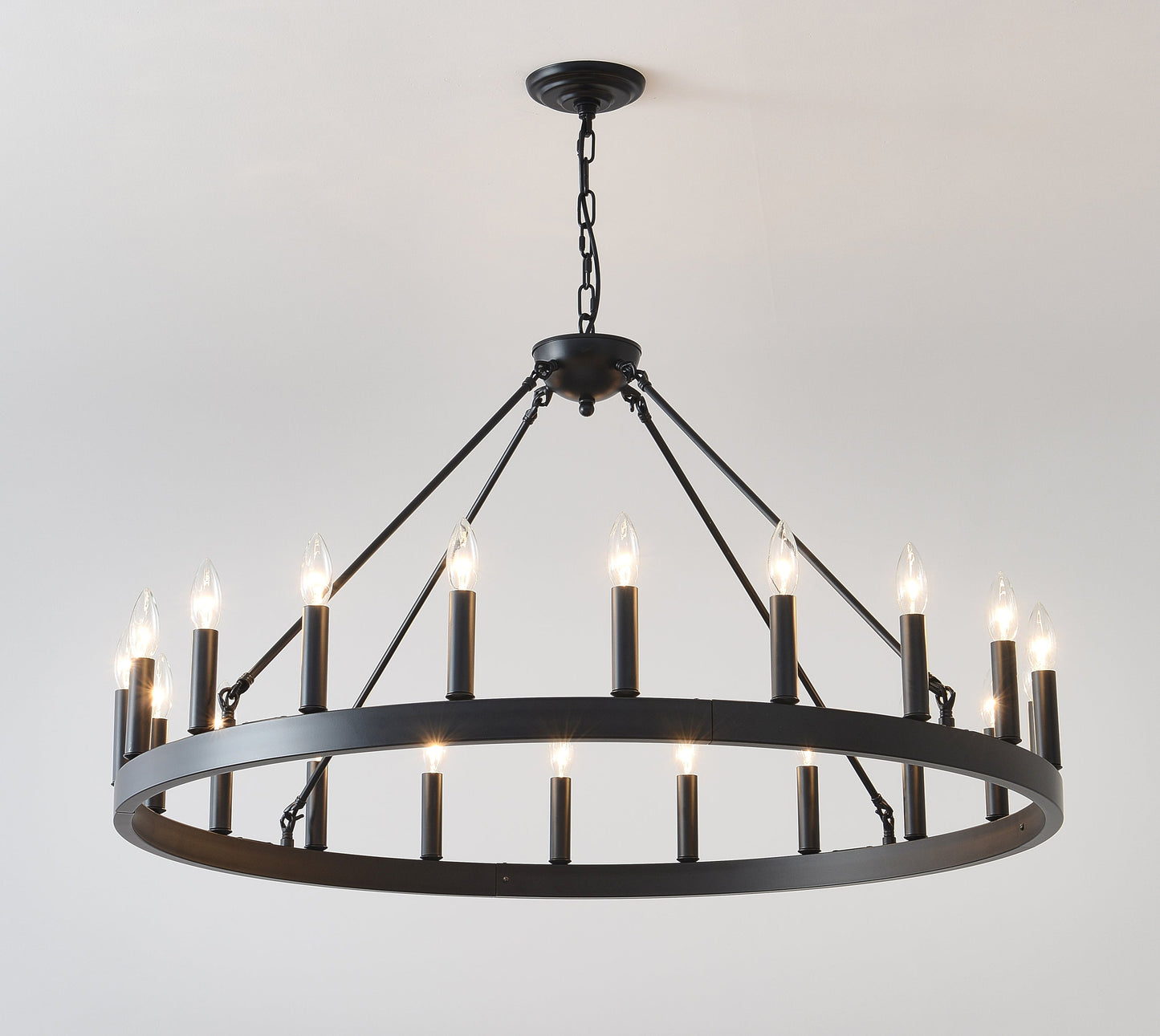 53.15 Inch Matte Black Wagon Wheel Chandelier with 18 Lights chain-hung metal frame on Tampa Home & Garden Store