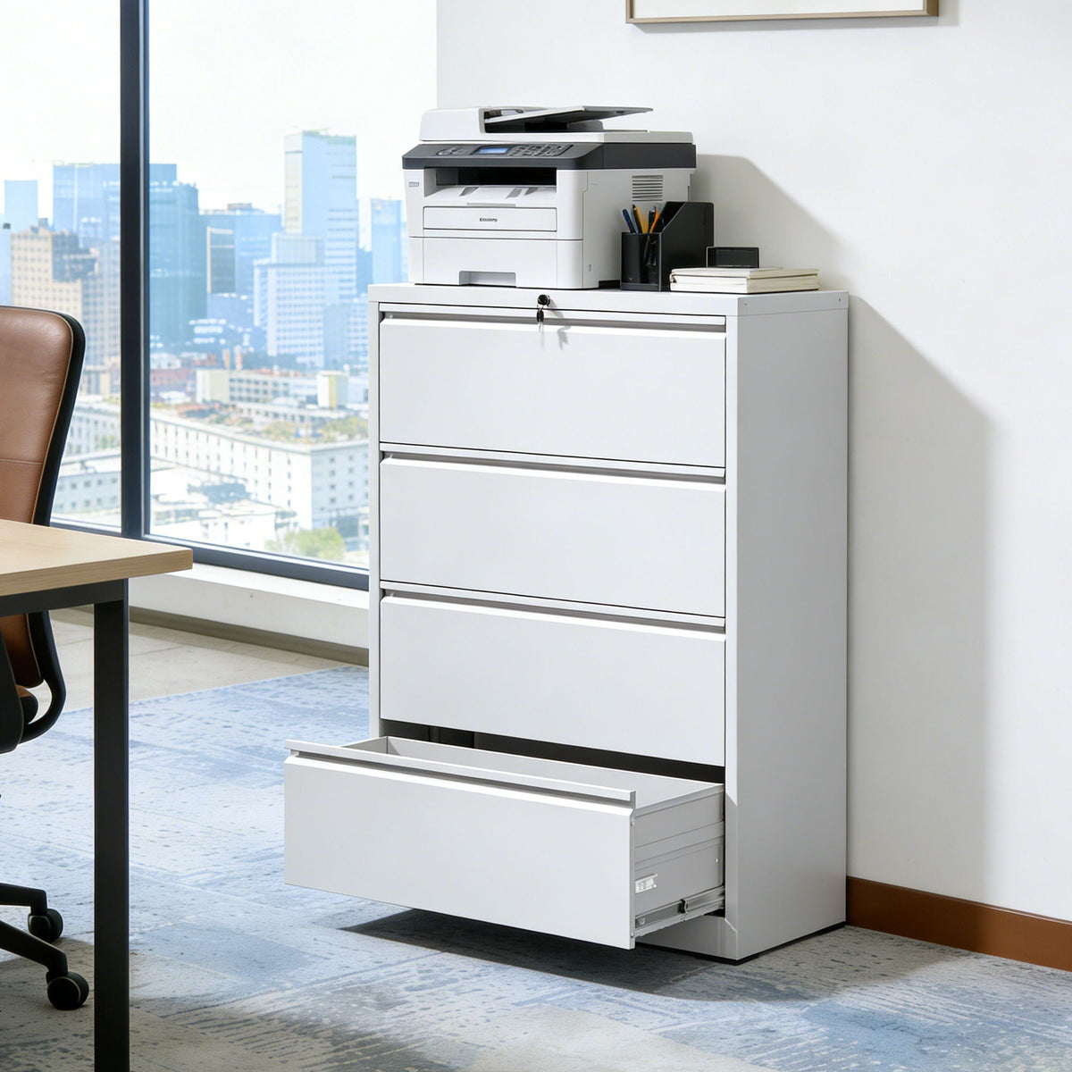 Lateral file cabinet with locking, heavy-duty metal drawers in office setup with printer on Tampa Home & Garden Store