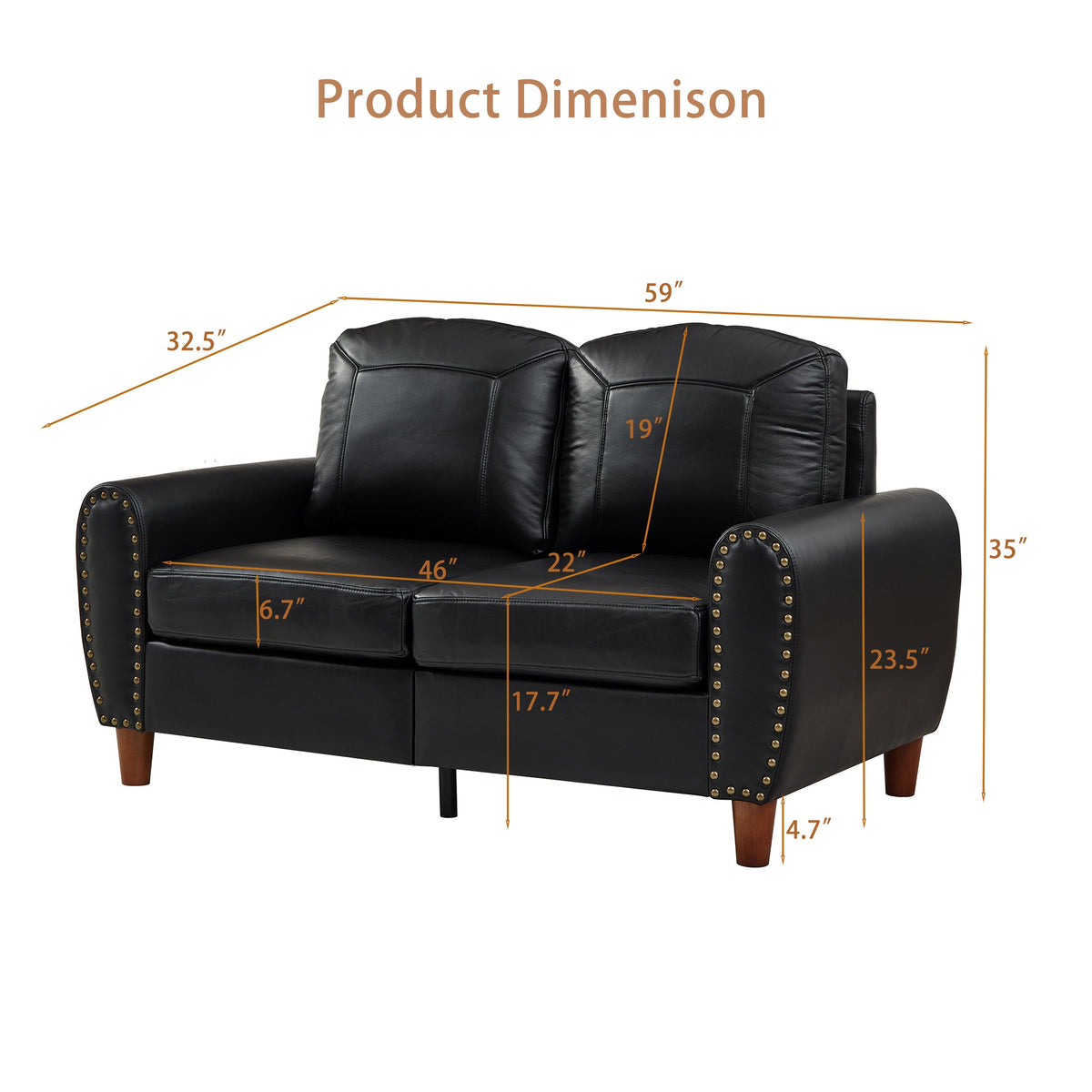 59 in faux leather loveseat by HouseOfZazla, black with nailhead trim and wooden legs on Tampa Home & Garden Store