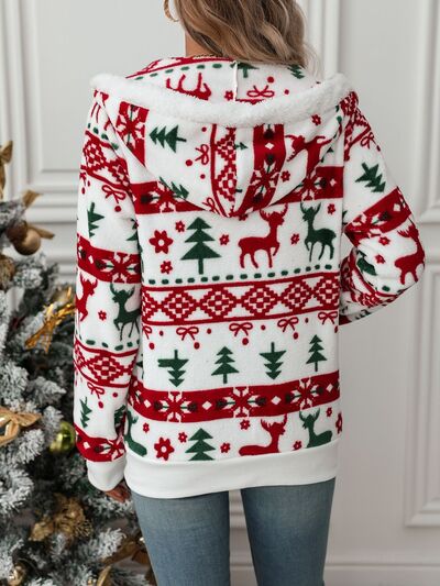 Stevvex white drawstring zip-up hooded jacket with fur red-green Christmas reindeer pattern on Tampa Home & Garden Store