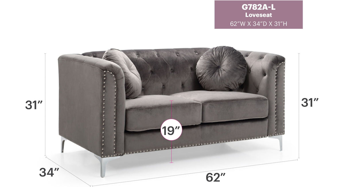 Sloped-arm loveseat by HouseOfZazla in dark gray suede with back and nailhead trim 2 cushions on Tampa Home & Garden Store