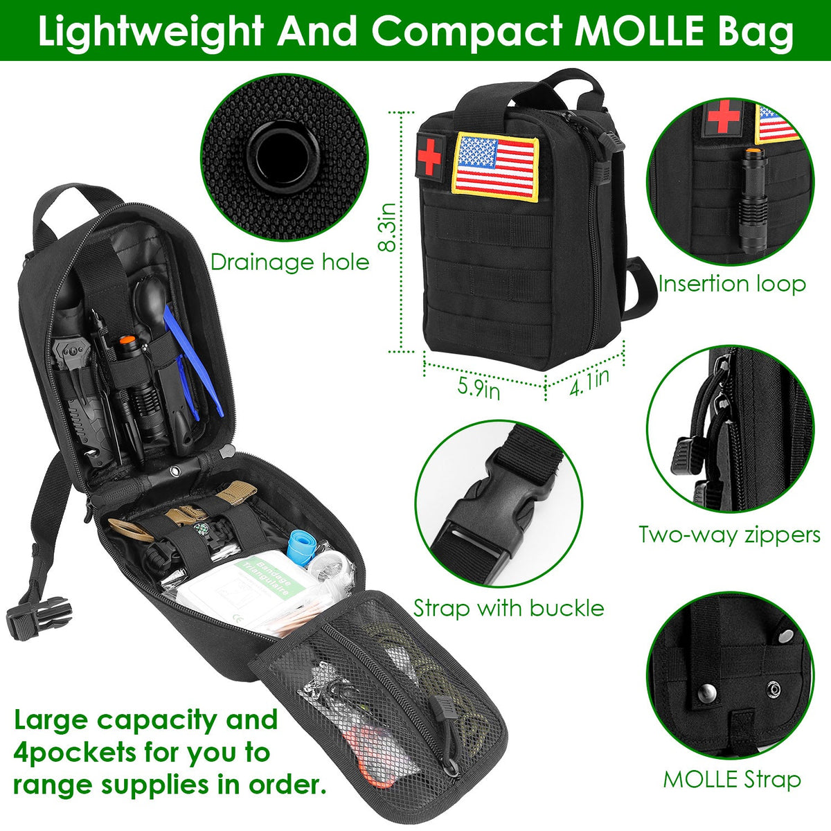 GemGear 47Pcs Emergency Survival Kit in black MOLLE pouch with US flag patch on Tampa Home & Garden Store