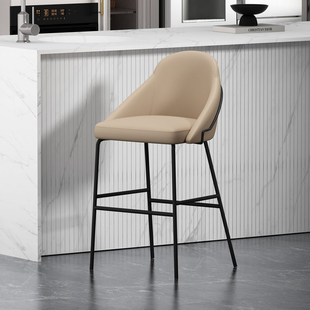 Gracie Upholstered Barstool beige with black metal legs, bar height 28-30 in on Tampa Home & Garden Store