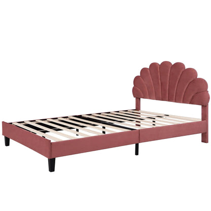 Upholstered platform bed with a dusty-rose flower-pattern headboard in soft fabric on Tampa Home & Garden Store