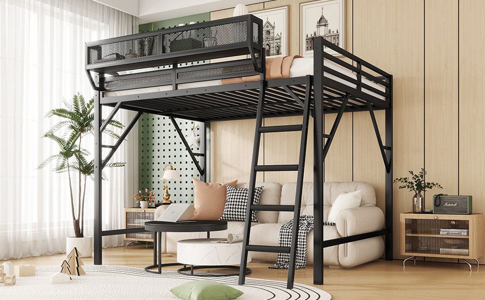 Full Size Loft Bed with Ladder and Storage Shelves black metal frame over tan sofa HouseOfZazla on Tampa Home & Garden Store