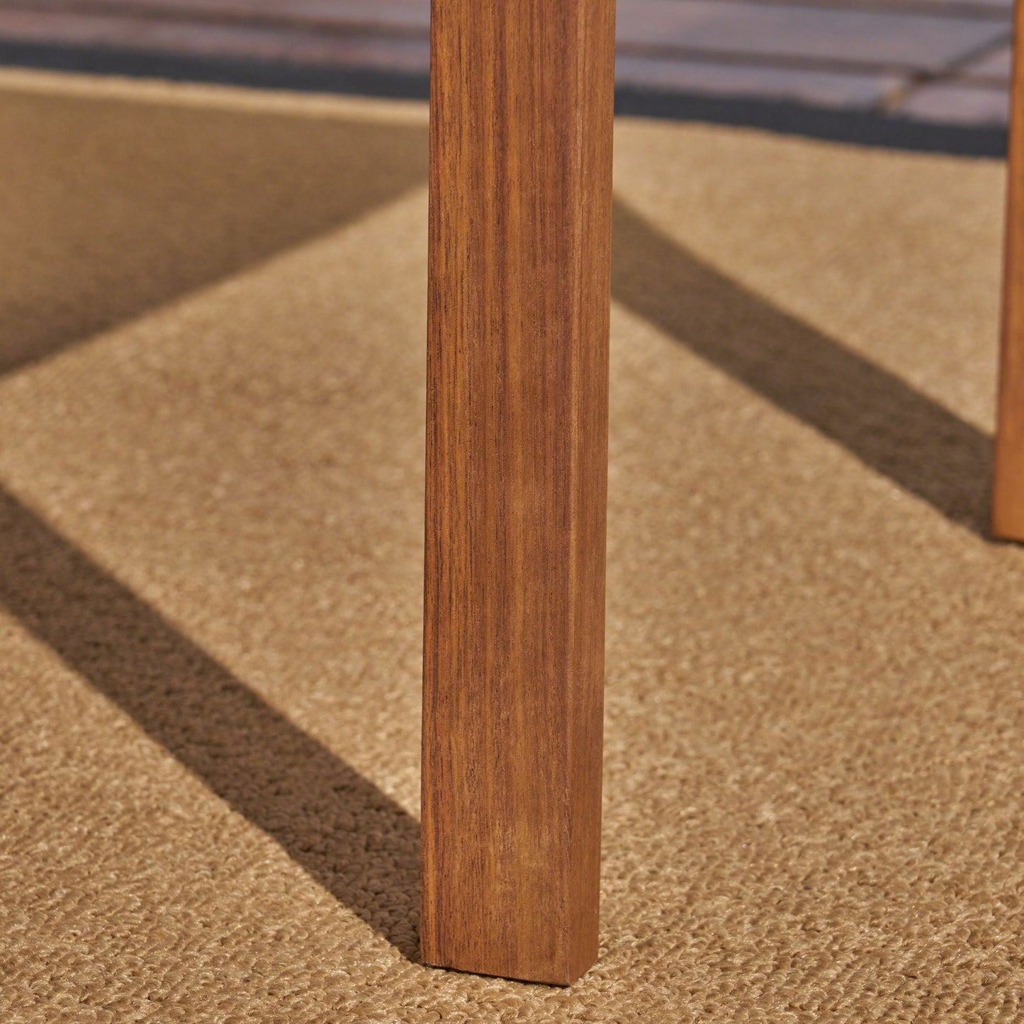 Celestaria 3-Piece Outdoor Chat Set wooden leg close-up in warm brown finish HouseOfZazla on Tampa Home & Garden Store