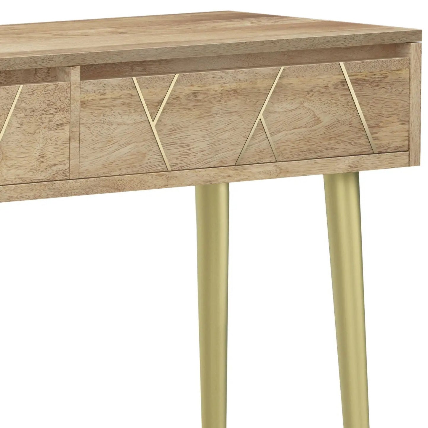 Jager console table natural finish with gold metal legs and geometric gold trim panels on Tampa Home & Garden Store