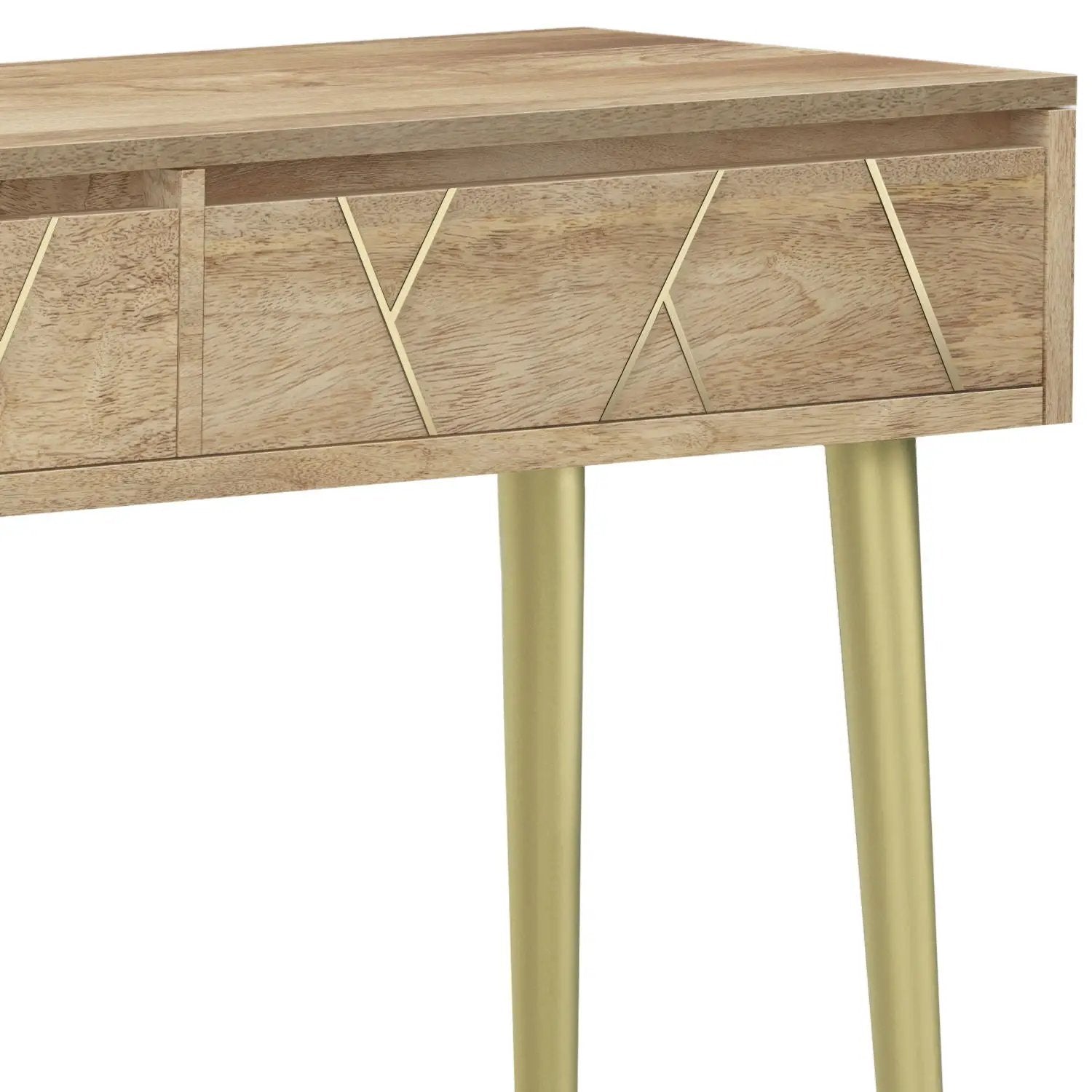 Jager console table natural finish with gold metal legs and geometric gold trim panels on Tampa Home & Garden Store