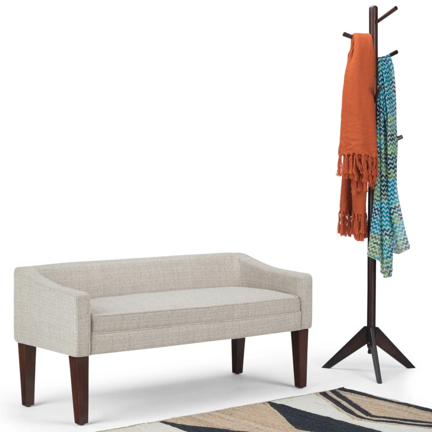 Parris Contemporary Upholstered Bench in beige fabric with dark wood legs on Tampa Home & Garden Store