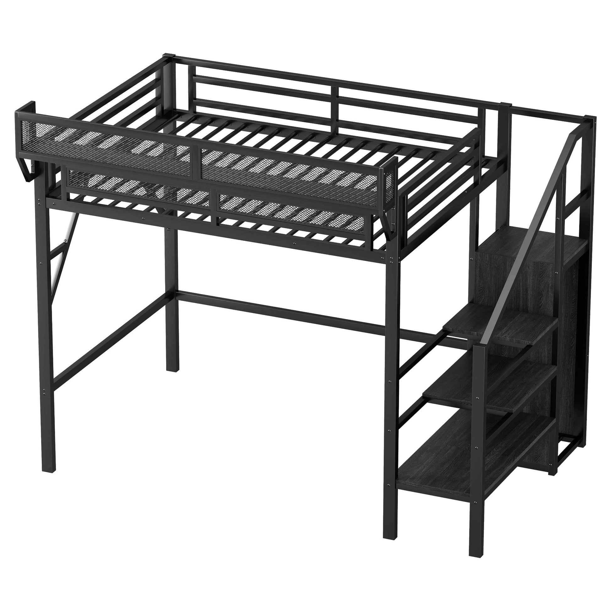 Twin size loft bed with stairs and built-in storage shelves, black metal frame on Tampa Home & Garden Store