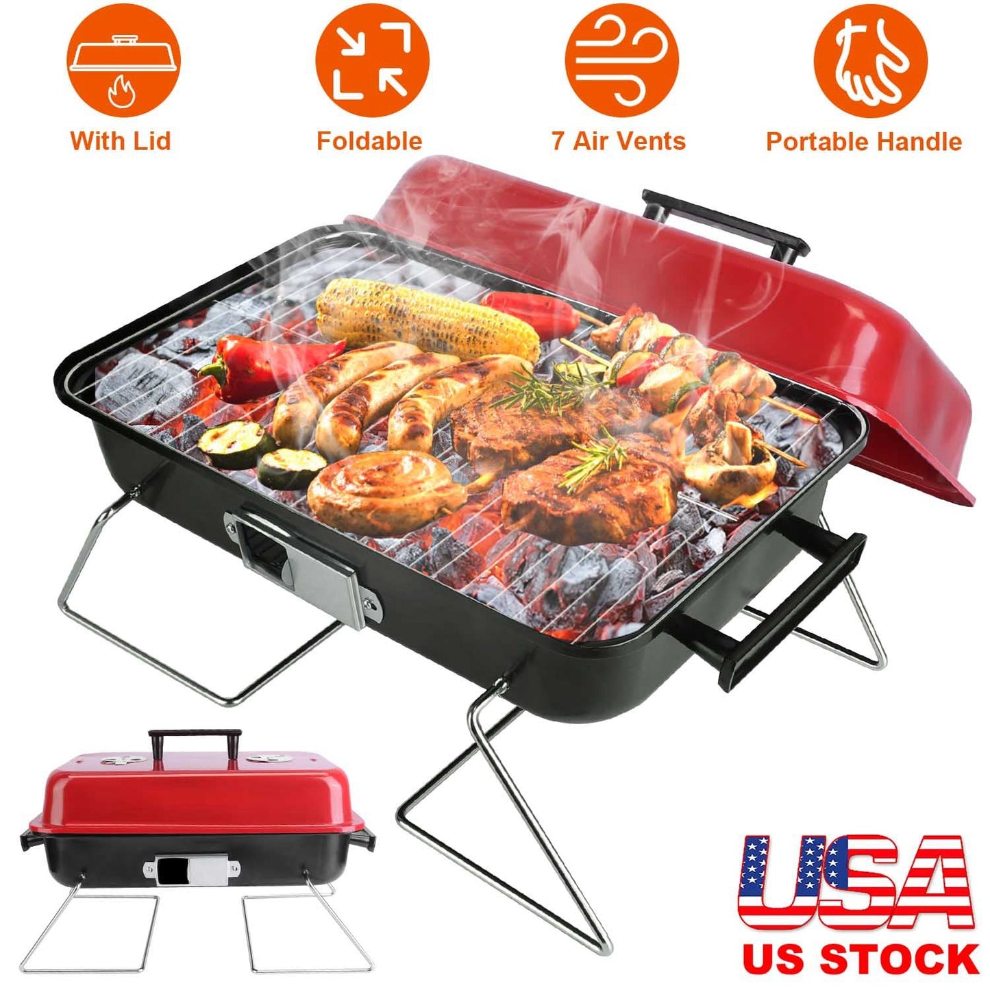 GemGear portable charcoal grill with red lid, foldable legs, grilling sausages and corn on Tampa Home & Garden Store