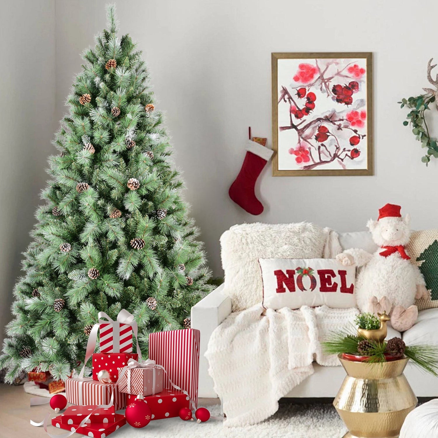 8 ft HouseOfZazla full-bodied pre-decorated green pinecone tree with frosted tips beside gifts on Tampa Home & Garden Store