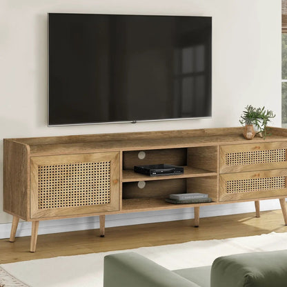 TV stand media entertainment center in natural wood with caned cabinet doors and open shelves on Tampa Home & Garden Store