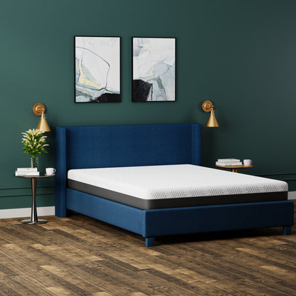 Omne Fria 8 Inch Queen Firm Mattress with Cooling Cover on upholstered bed in a bedroom on Tampa Home & Garden Store