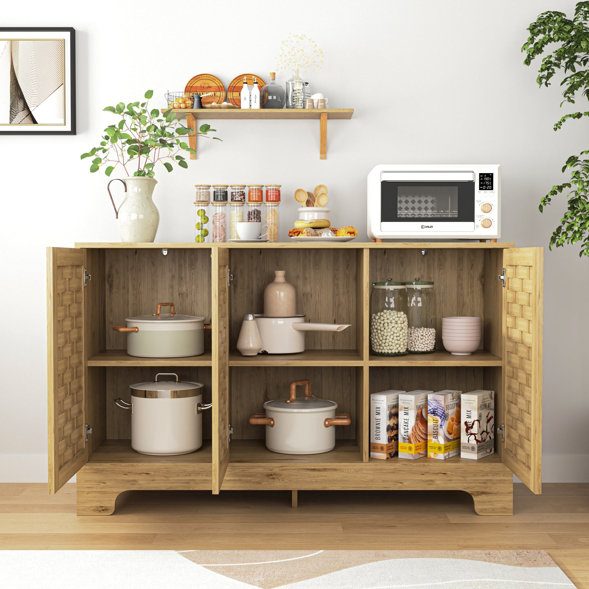Storage cabinet with 3 doors in natural wood, open shelves for cookware and jars on Tampa Home & Garden Store
