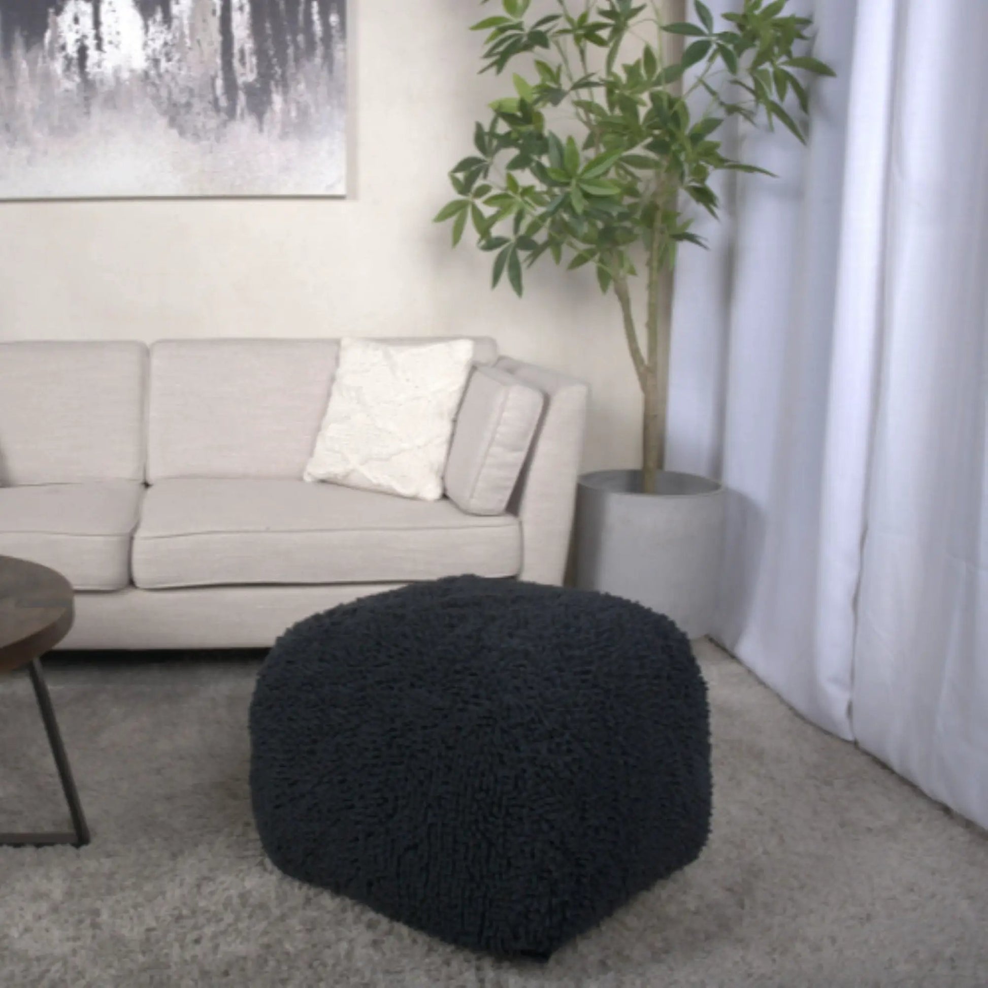 Spongy Square Pouf Soft Seating in black knitted fabric accent for living room on Tampa Home & Garden Store