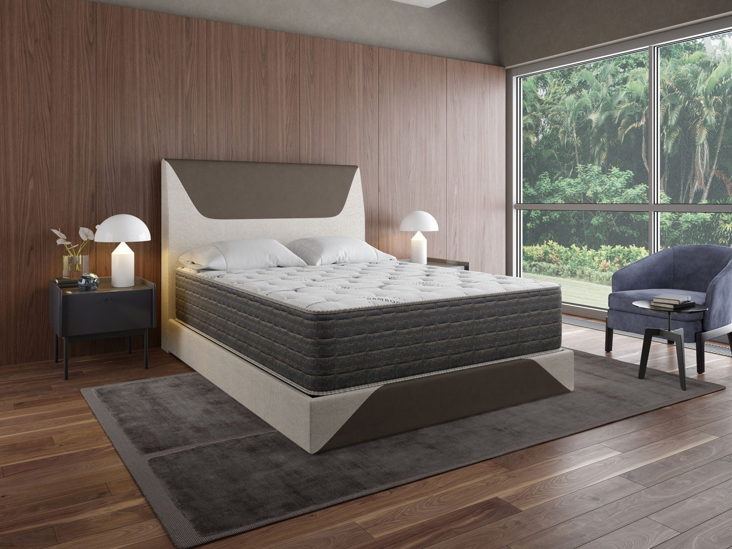 Dream Flex 13.5in two-sided plush hybrid mattress HouseOfZazla in modern wood-paneled bedroom on Tampa Home & Garden Store