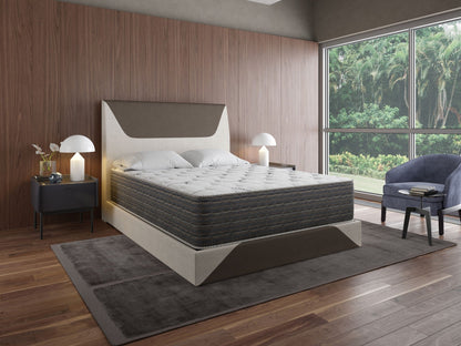 Dream Flex 13.5in two-sided plush hybrid mattress HouseOfZazla in modern wood-paneled bedroom on Tampa Home & Garden Store