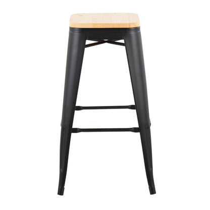 Barstool set of 2, stackable contemporary stools with black frames and natural wood seats on Tampa Home & Garden Store