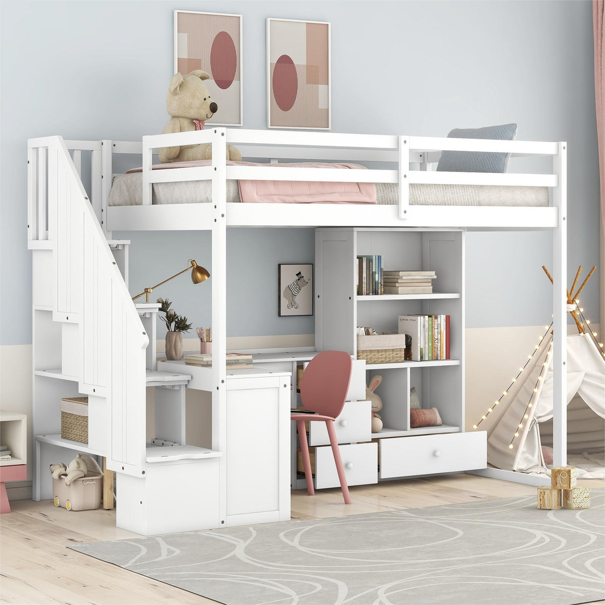 Loft bed with L-shaped desk, drawers, cabinet and storage staircase in white on Tampa Home & Garden Store