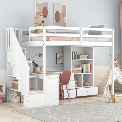 Loft bed with L-shaped desk, drawers, cabinet and storage staircase in white on Tampa Home & Garden Store