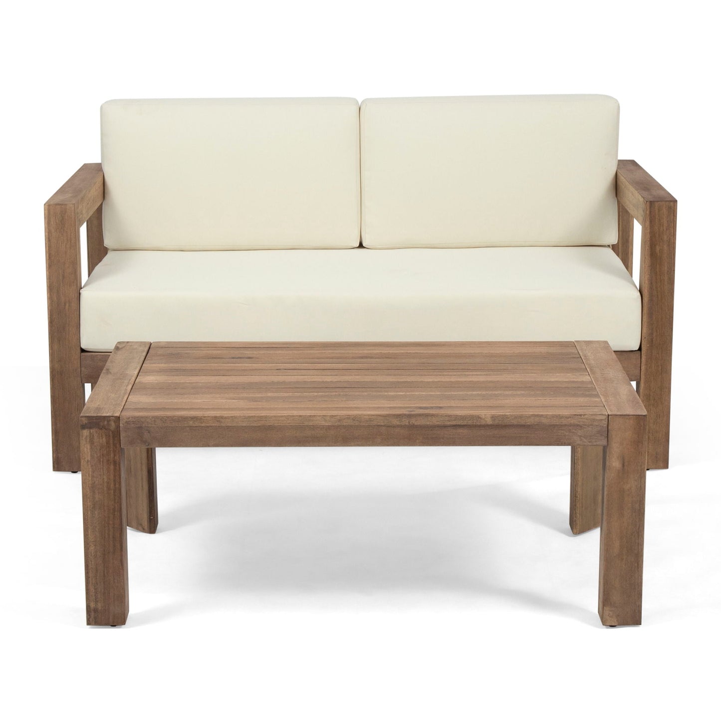 2 Piece Patio Set with open-back loveseat and coffee table, beige cushions, wood frame on Tampa Home & Garden Store