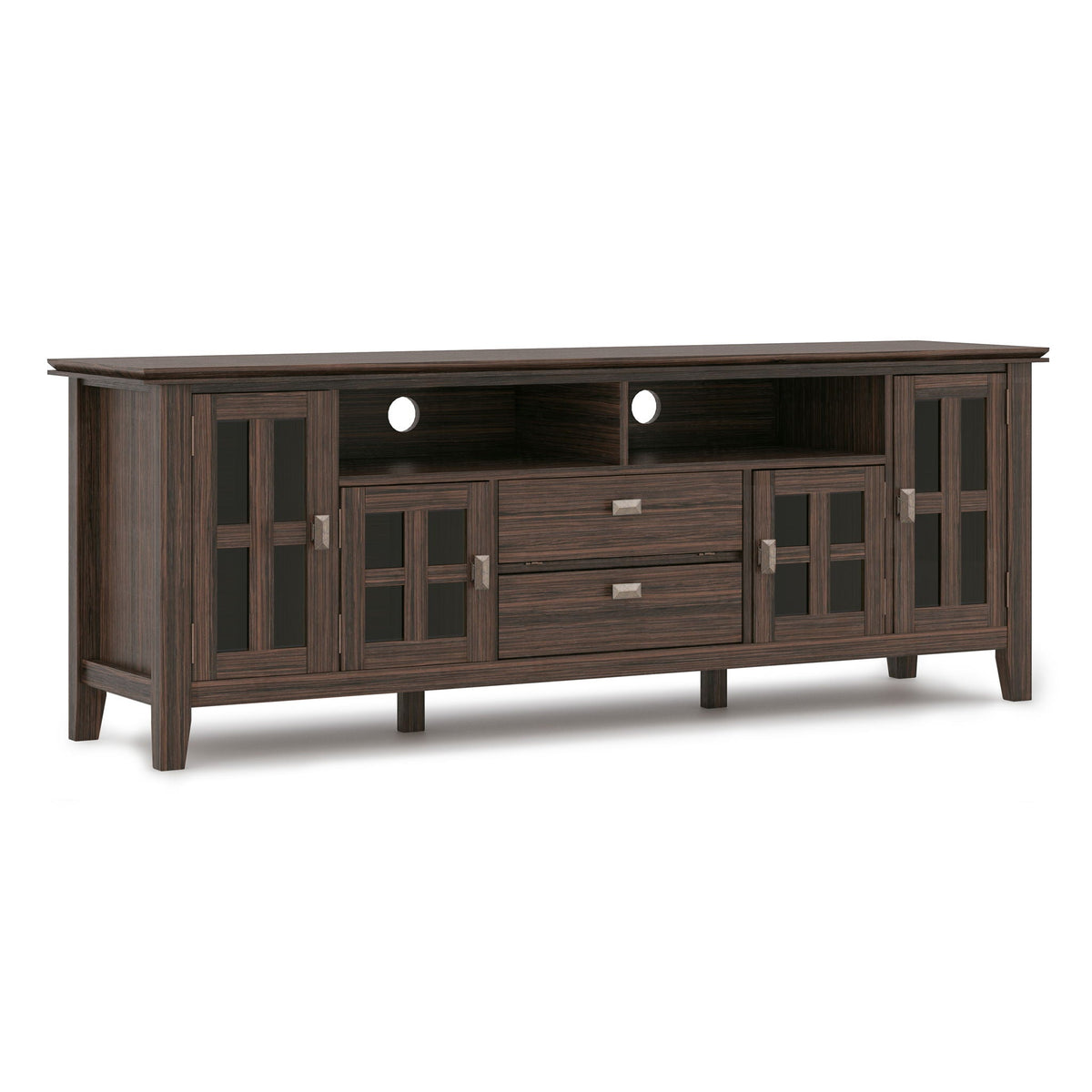Artisan solid wood TV stand with flip drawer in dark espresso; glass panels HouseOfZazla on Tampa Home & Garden Store