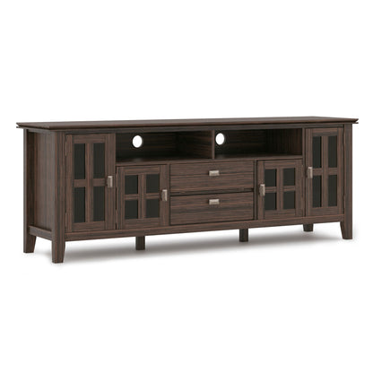 Artisan solid wood TV stand with flip drawer in dark espresso; glass panels HouseOfZazla on Tampa Home & Garden Store