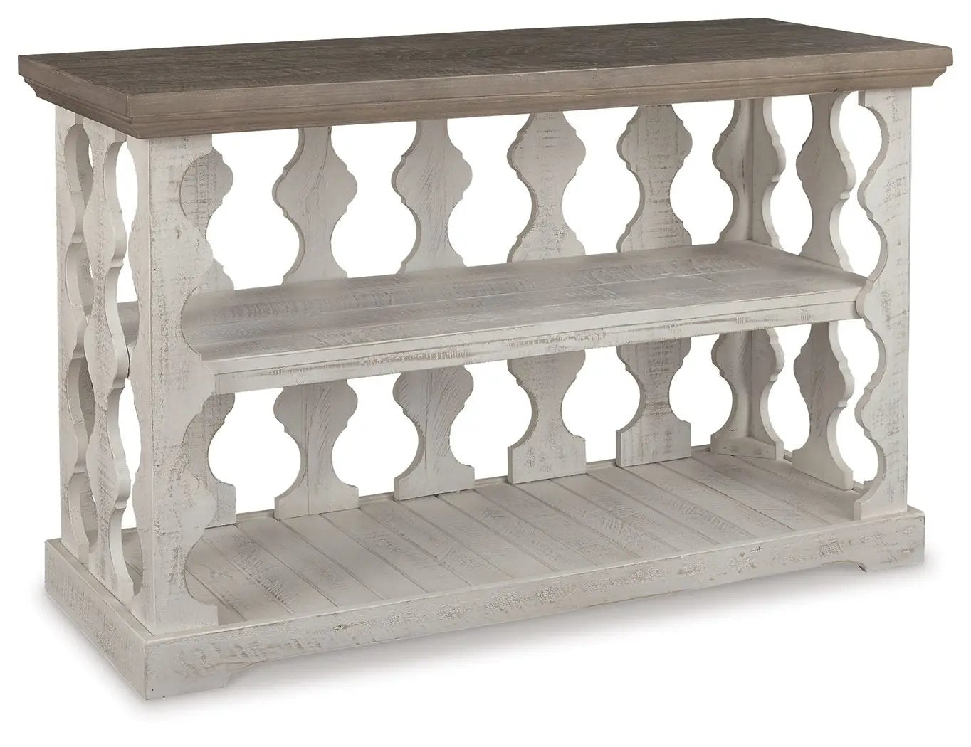 Havalance console sofa table gray white distressed finish with dark wood top and two-tier shelves on Tampa Home & Garden Store