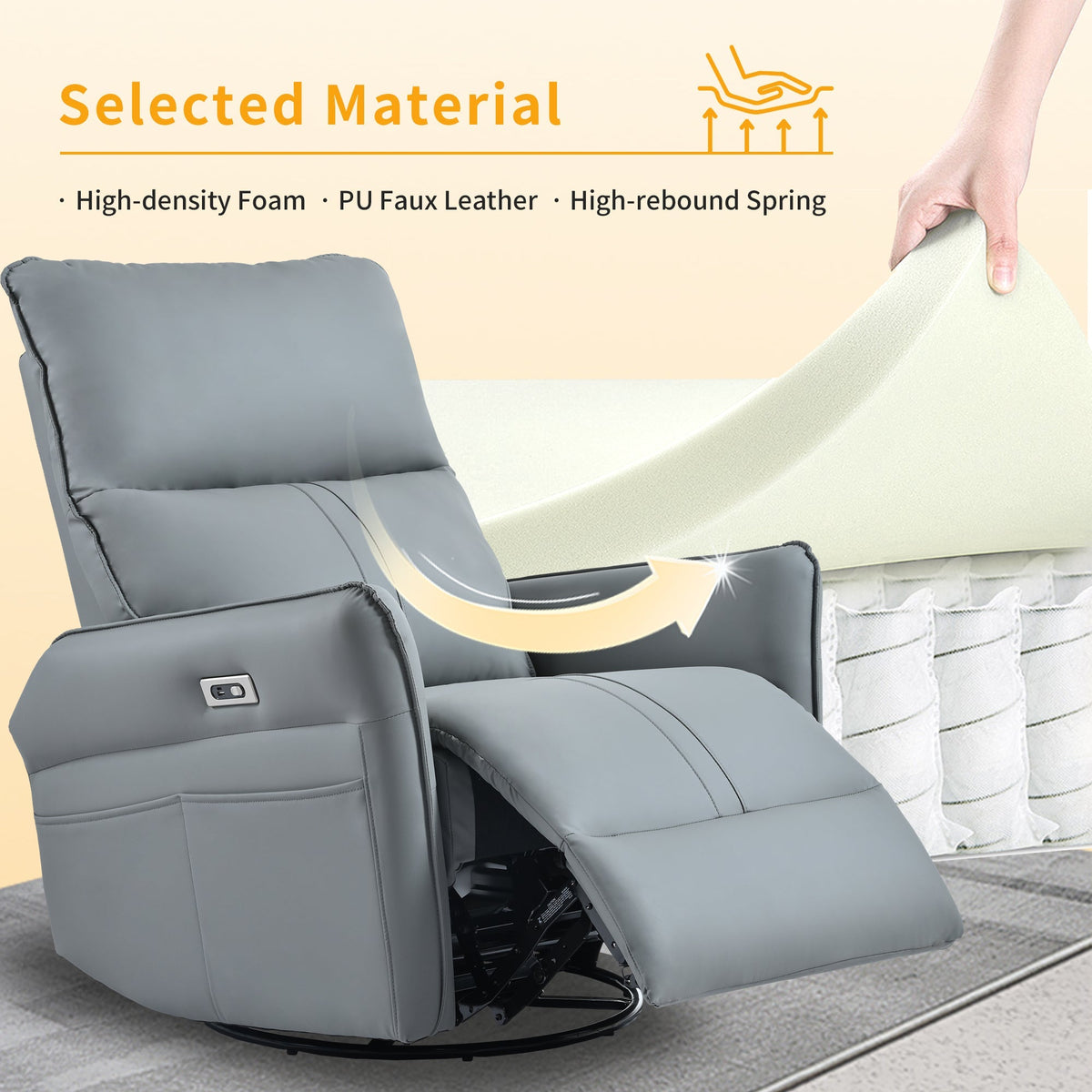 Power Swivel Rocker Recliner Chair for Adults in gray PU faux leather with power recline on Tampa Home & Garden Store