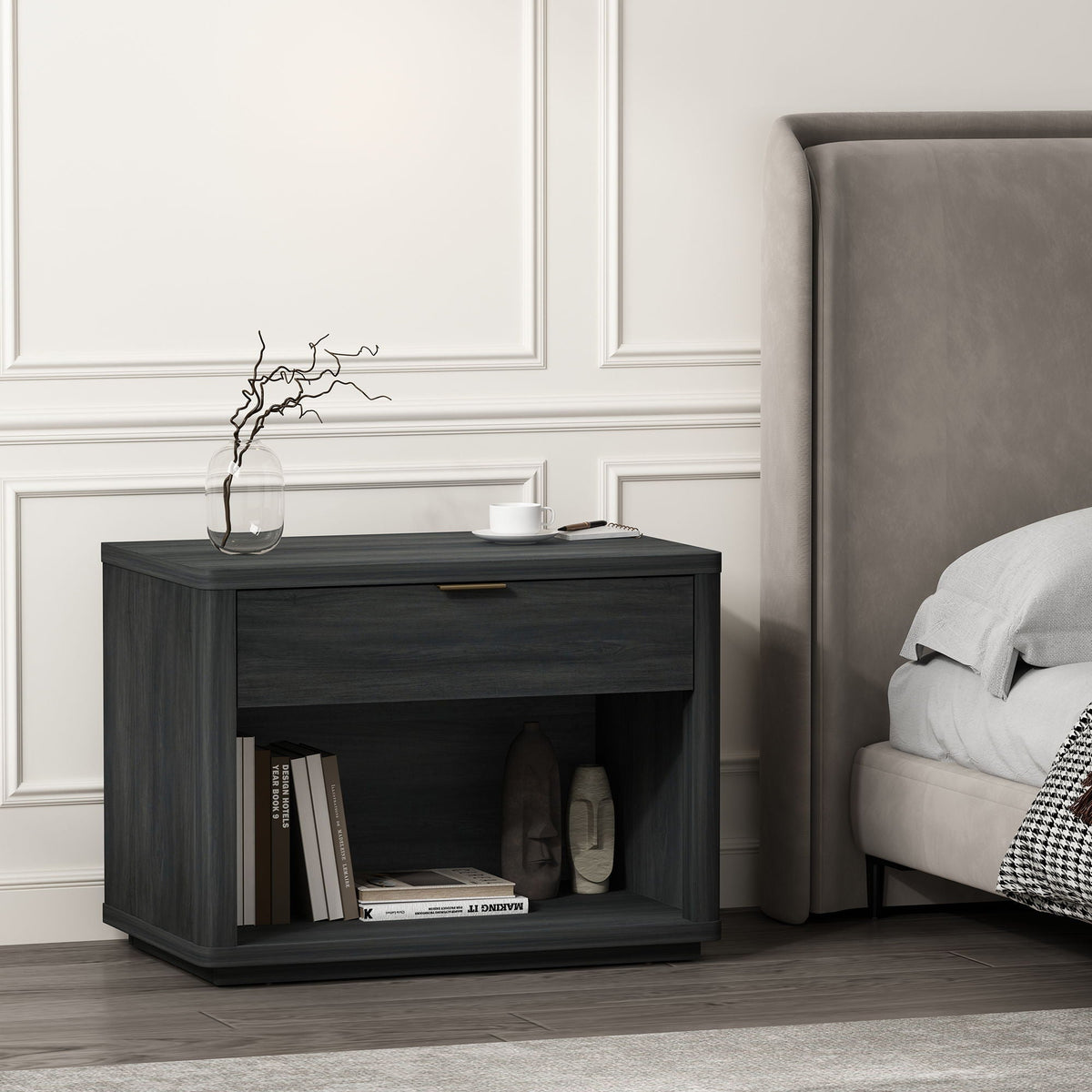 Evelyn Nightstand with 1 Drawer and Open Shelf, dark gray wood finish by HouseOfZazla nightstand on Tampa Home & Garden Store
