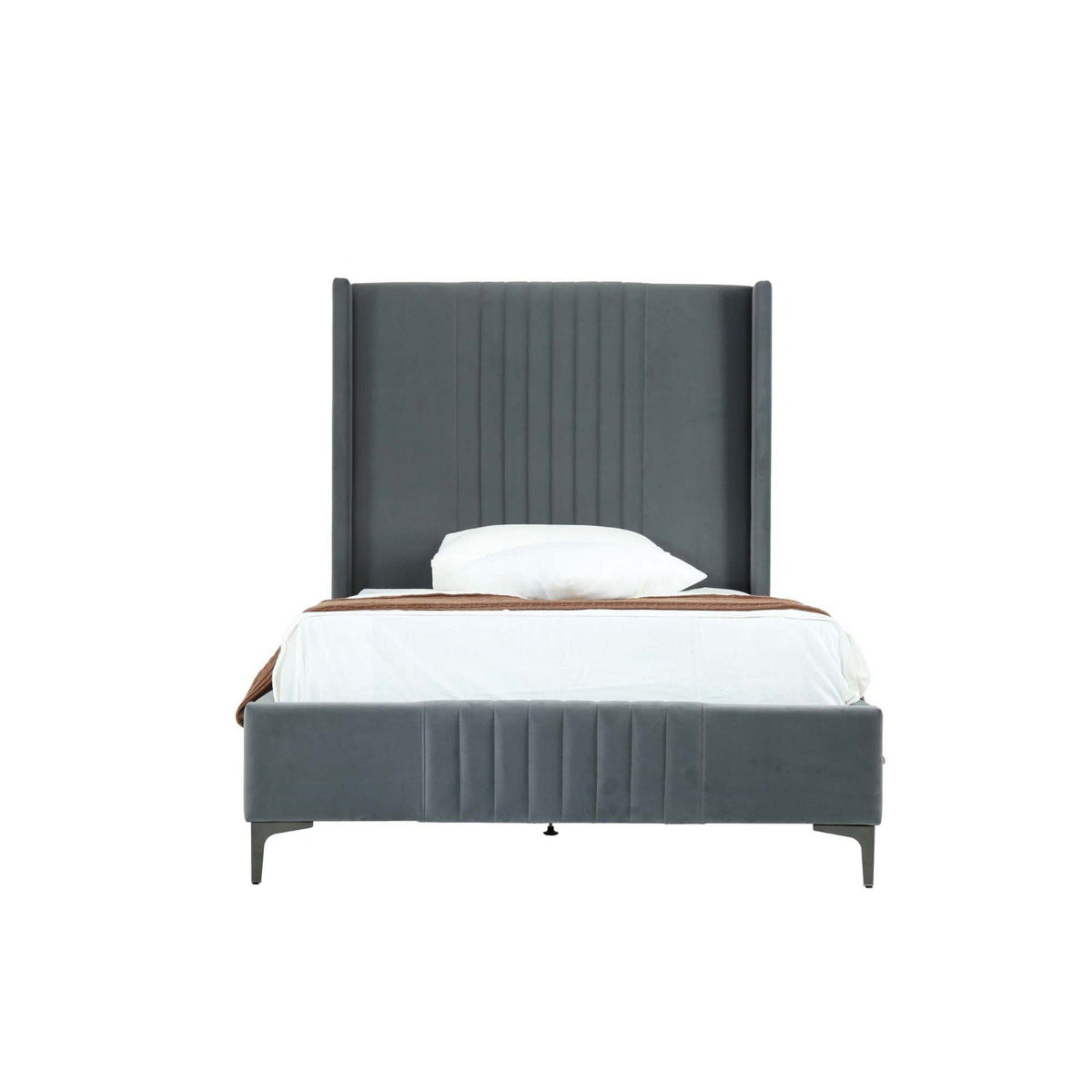 Promenade Upholstered Bed with tall headboard and slatted base in dark gray fabric by HouseOfZazla on Tampa Home & Garden Store