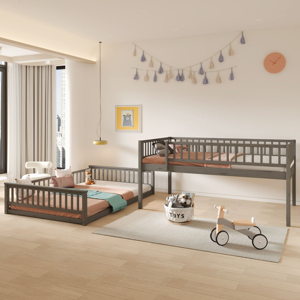 HouseOfZazla bunk bed with ladder and guardrails; two dark grey wooden bunks in a kids' room on Tampa Home & Garden Store