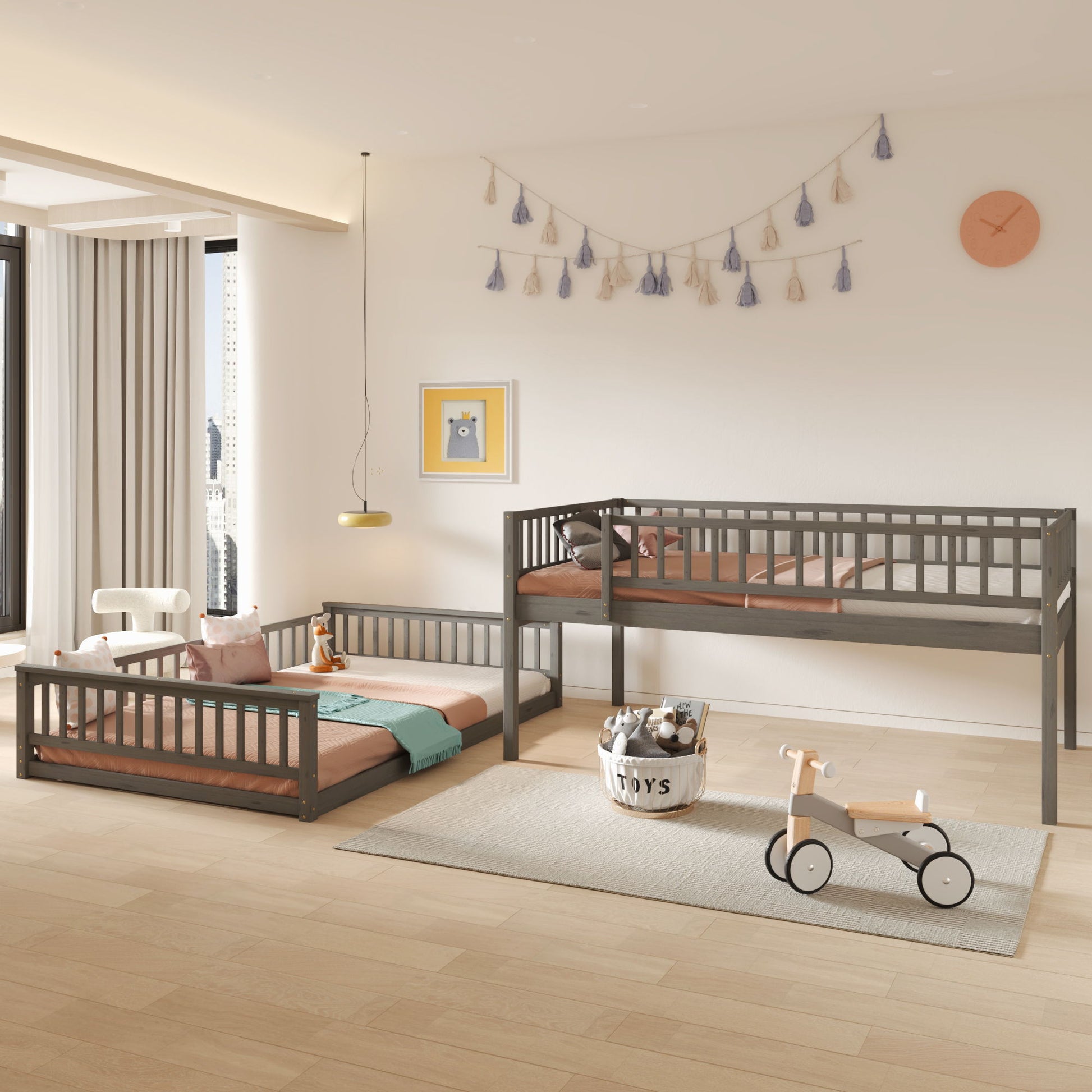 HouseOfZazla bunk bed with ladder and guardrails; two dark grey wooden bunks in a kids' room on Tampa Home & Garden Store