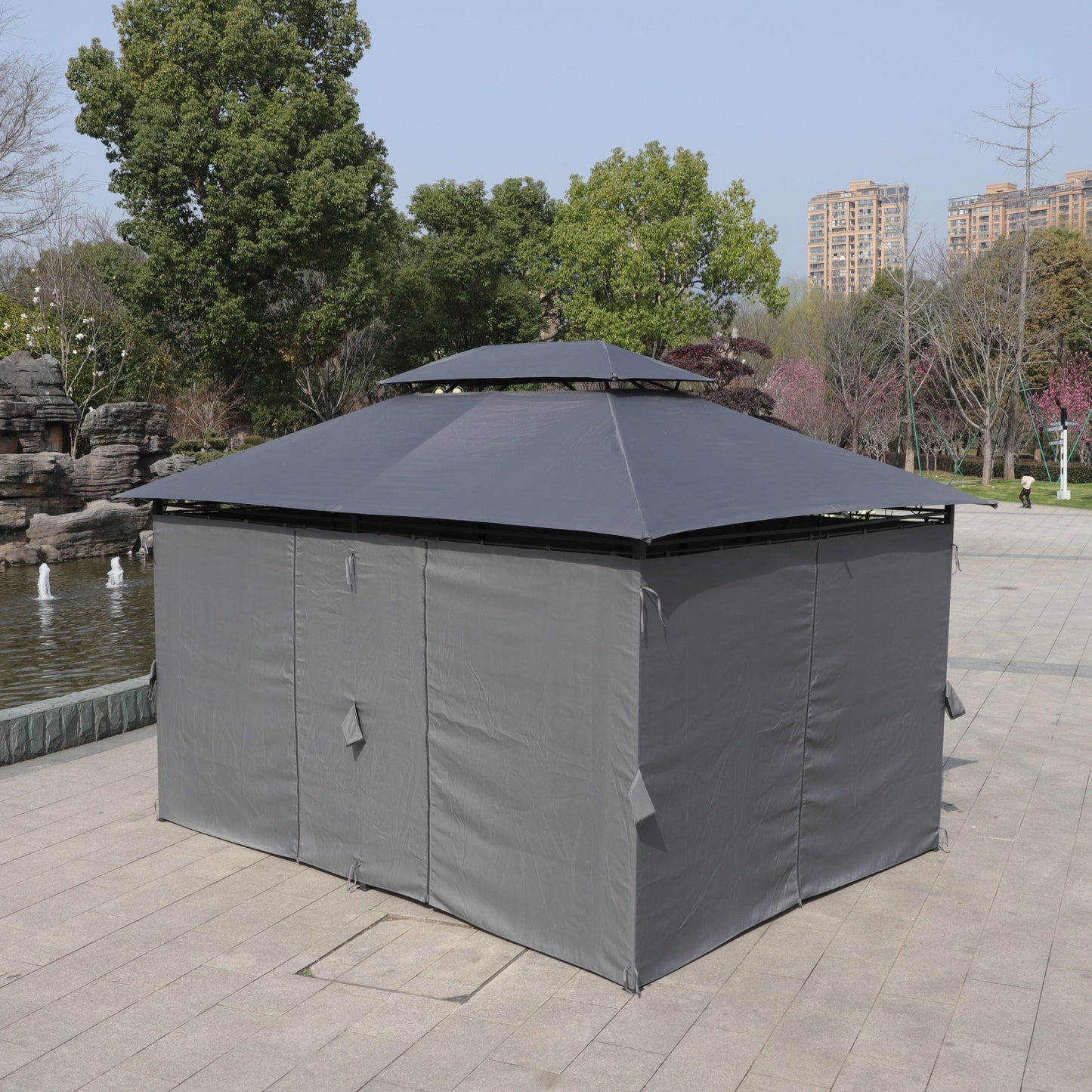 13x10 ft outdoor gazebo canopy with ventilated double roof and side walls gray fabric on Tampa Home & Garden Store