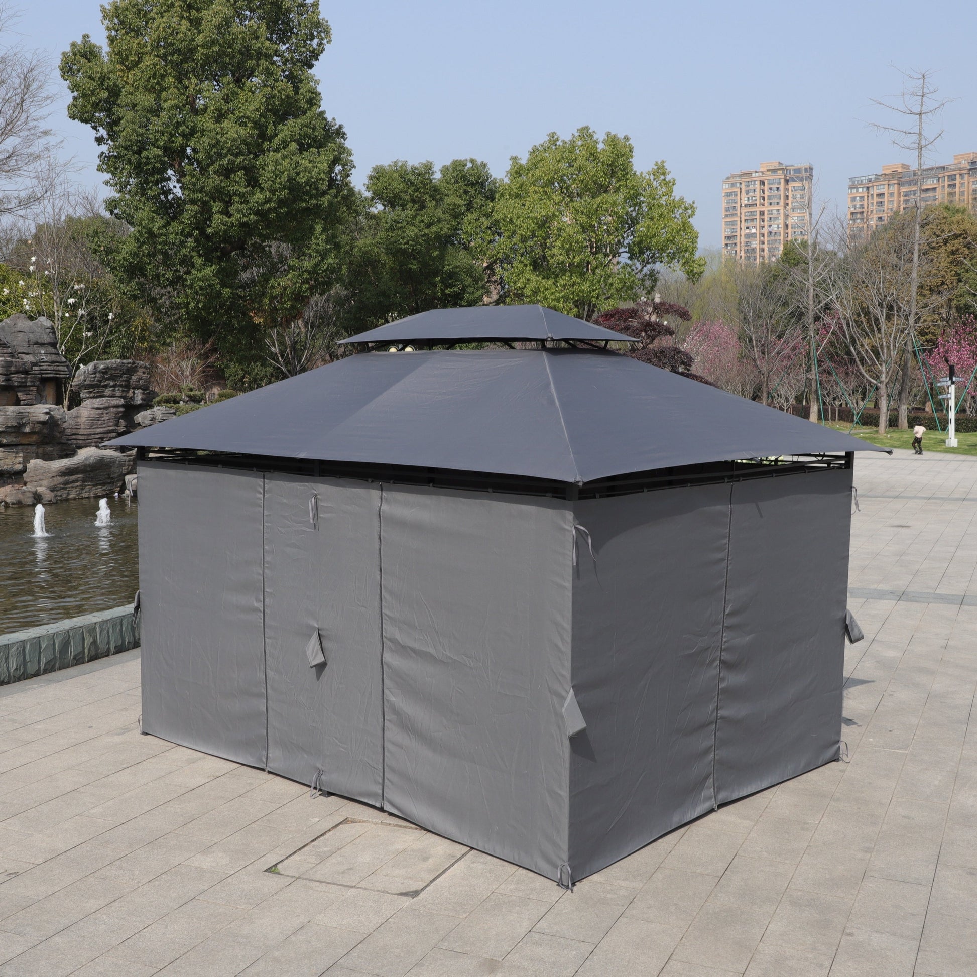 13x10 ft outdoor gazebo canopy with ventilated double roof and side walls gray fabric on Tampa Home & Garden Store